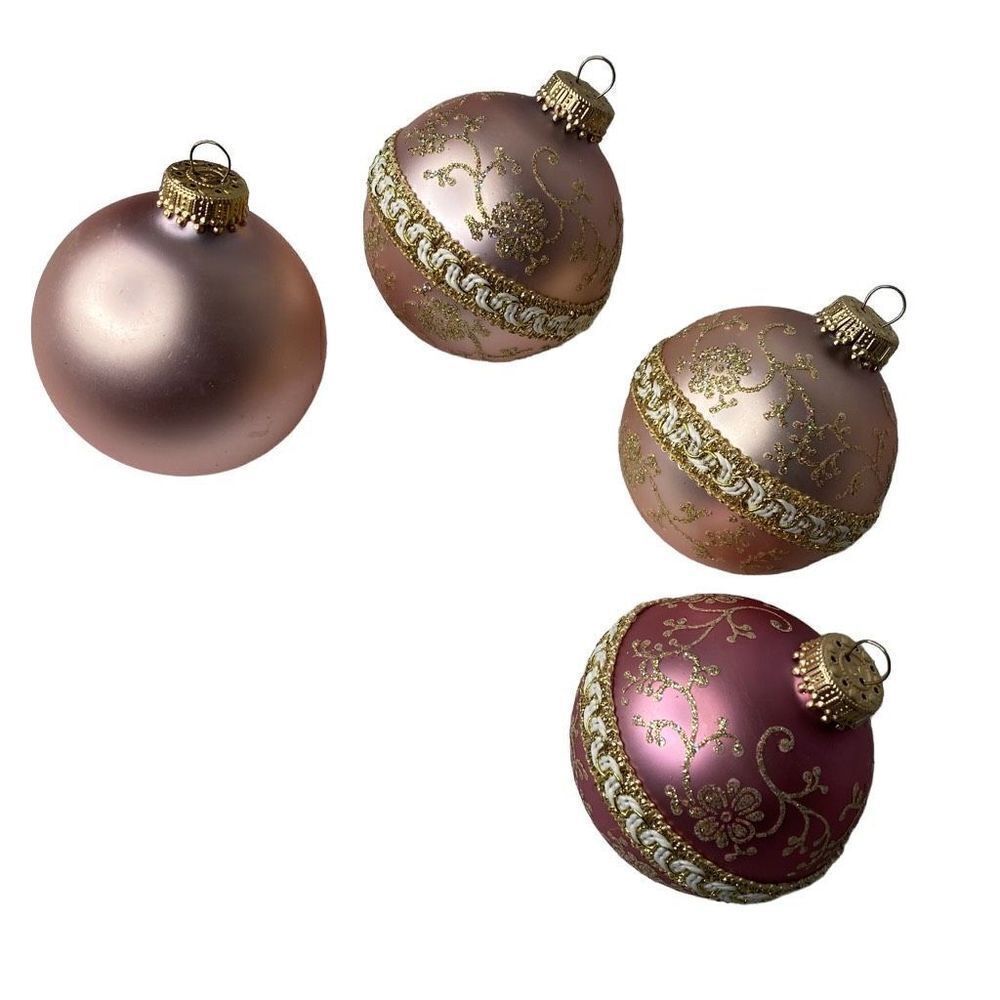 Christmas by Krebs Round Ornaments Pink Gold Hand Decorated Glass SET OF 4  OR9
